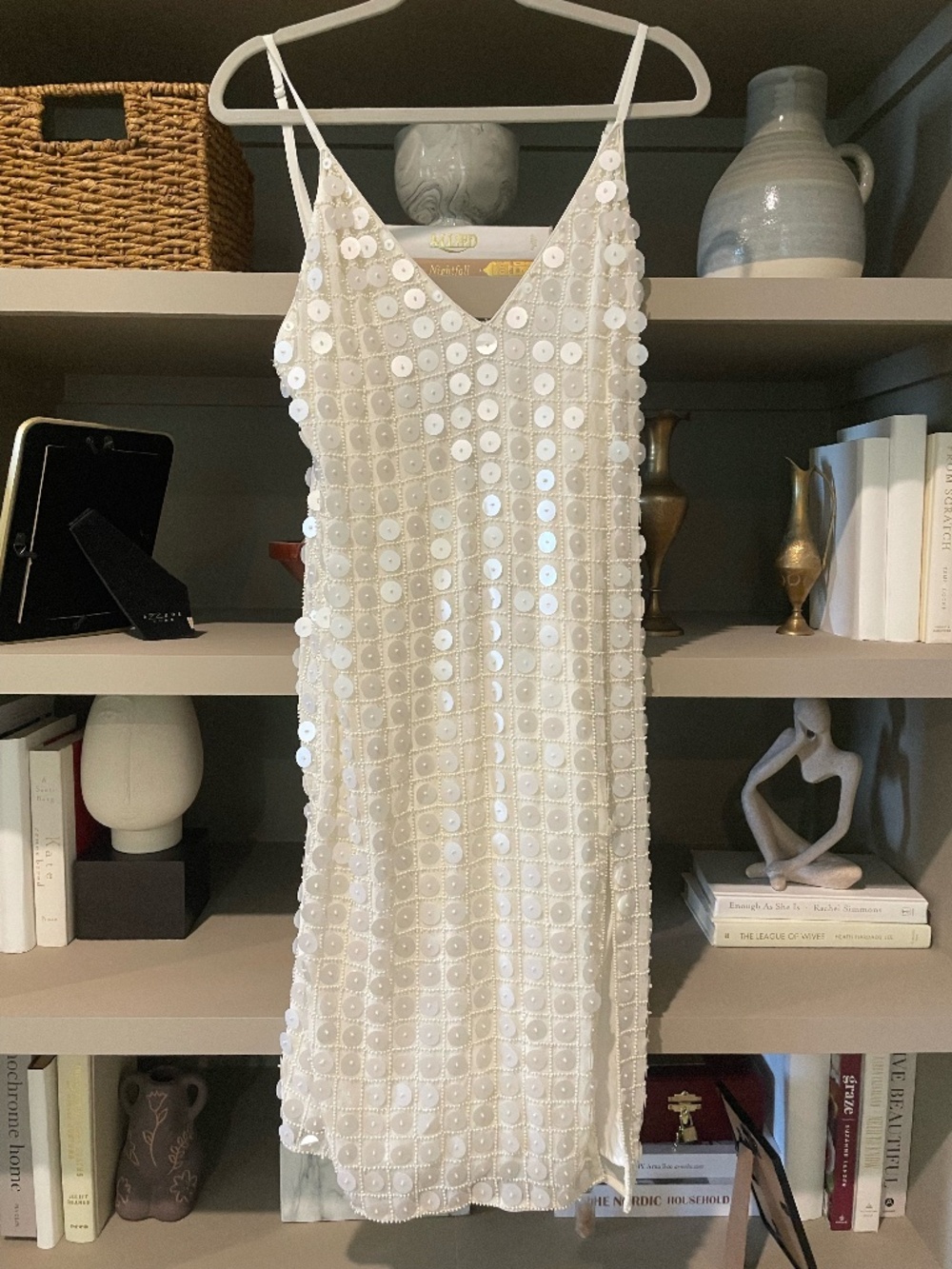 Winny midi dress ivory with oversized white sequins and beading detail